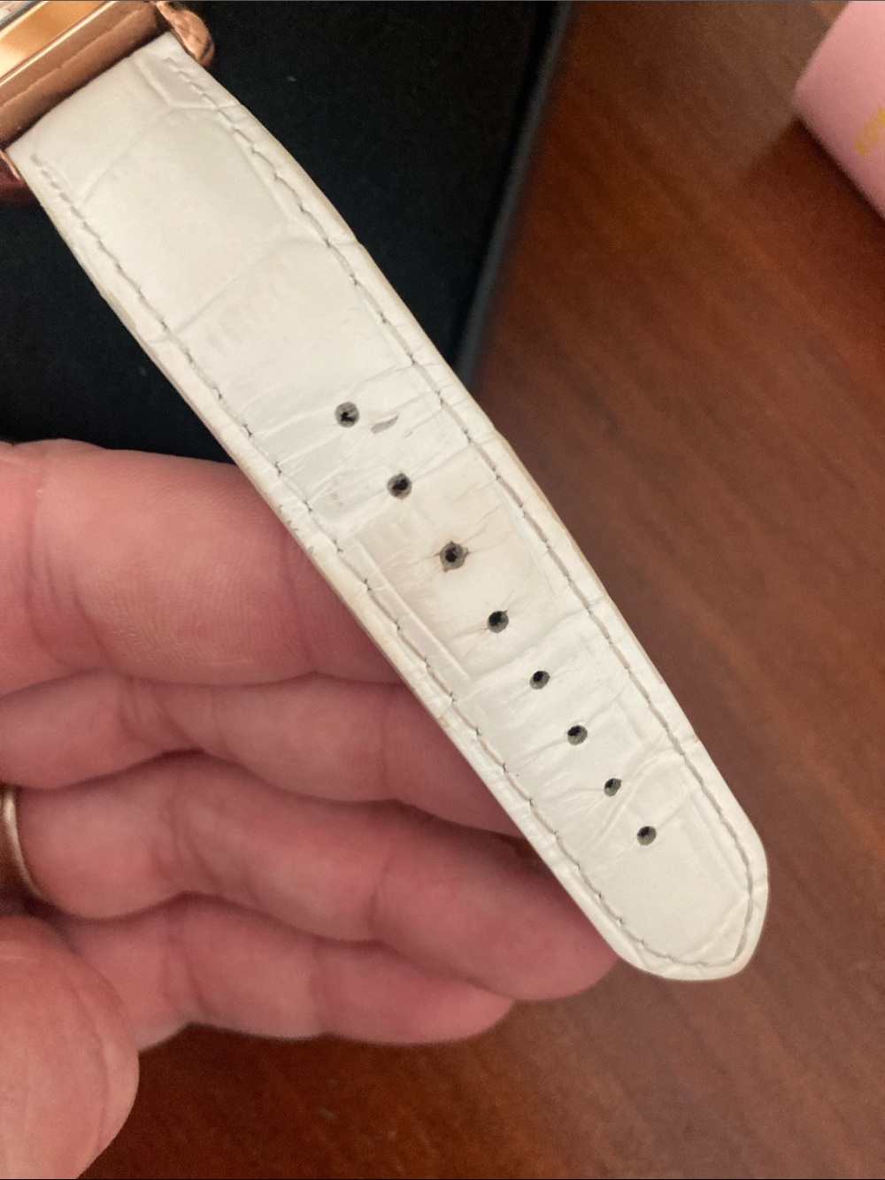 Michele Rose Gold Square Watch with White Strap and Pink Accents - Picture 14 of 15